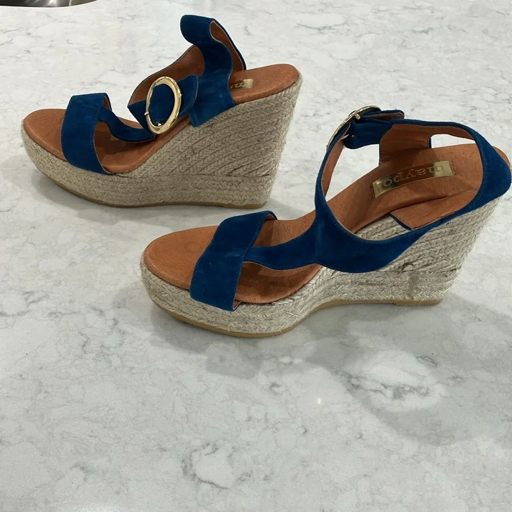 Anthropologie Maypol Blue Suede Platform Wedge Espadrille Sandals Sz 39-‎ NWOT